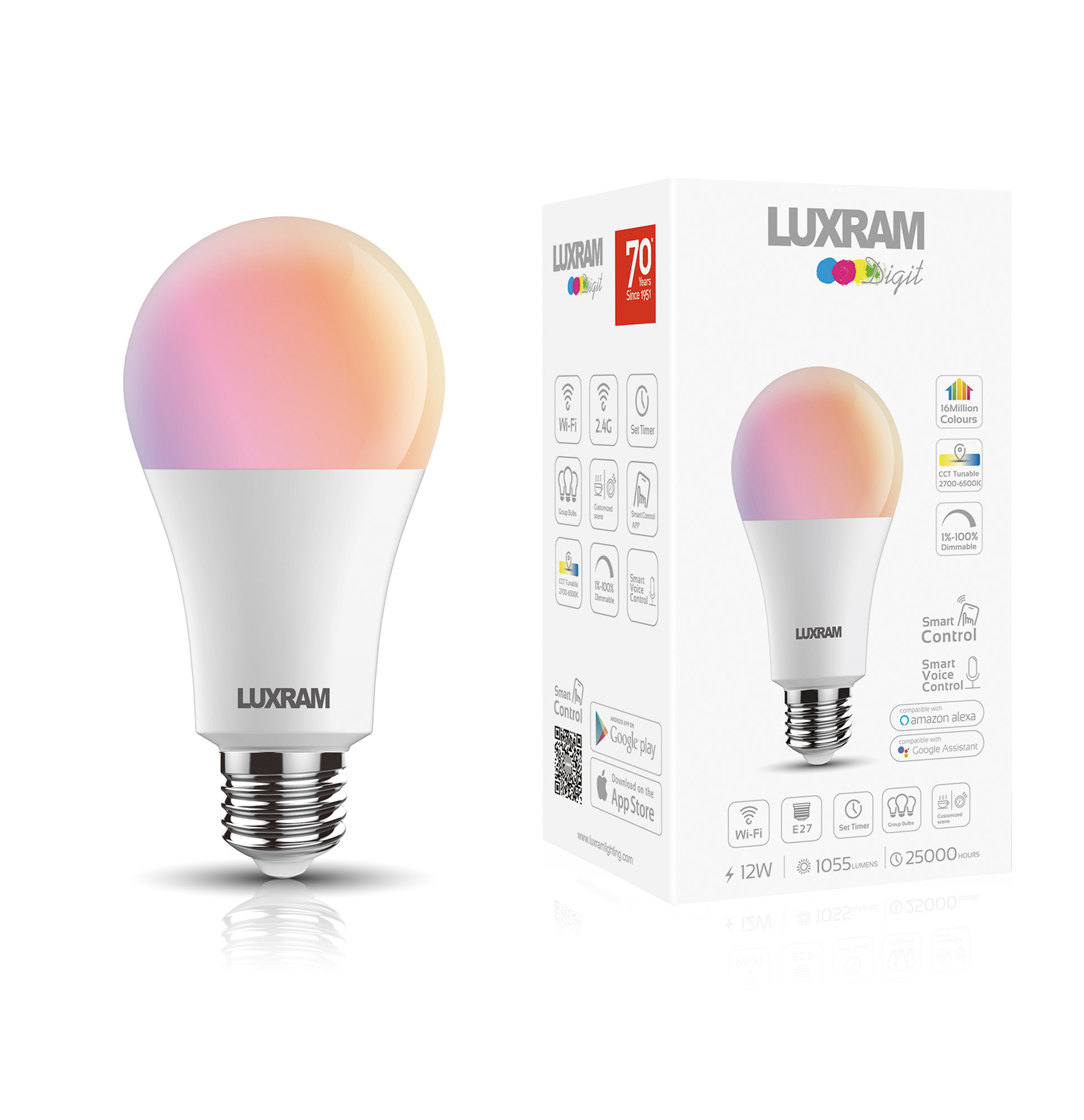 3000132  Digit Wi-Fi Smart Lamp Bulb RGB+CCT GLS E27 12W 1055lm
